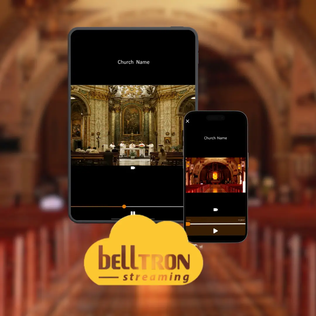 Belltron Streaming app displayed on smartphone and tablet for watching church services