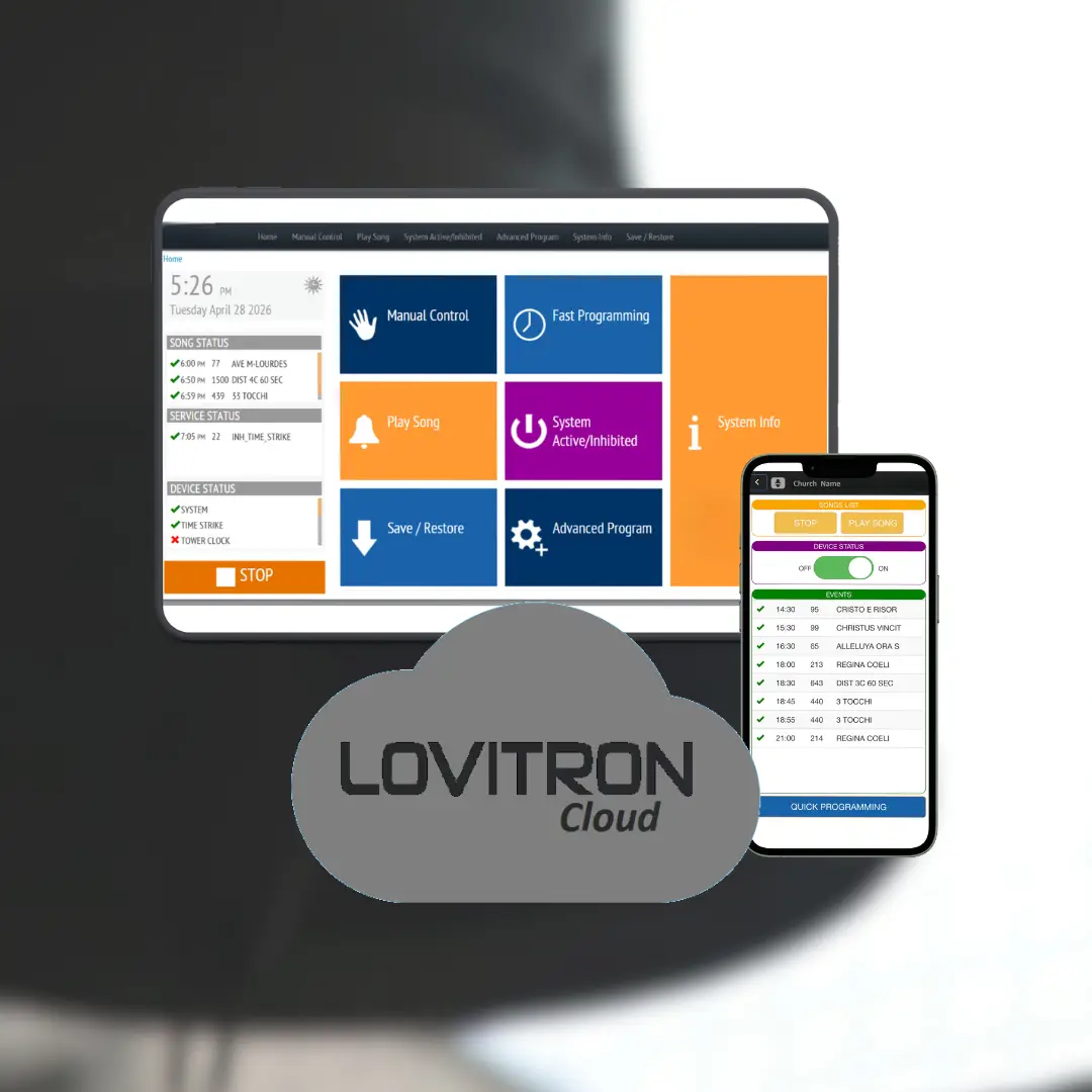 LovitronCloud app on smartphone and tablet for managing and programming electronic bells